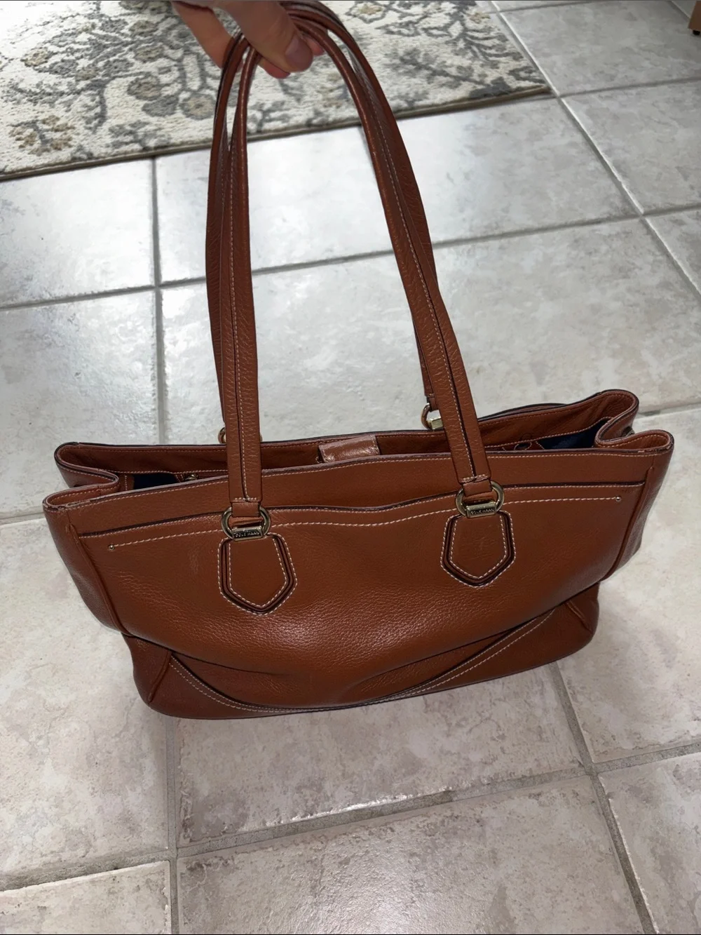Cole Haan Brown Leather Tote Bag with Navy Interior